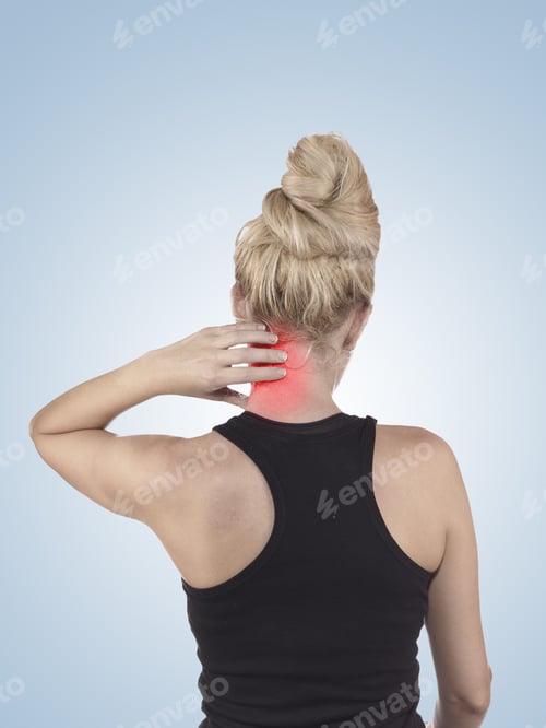 Preview: Pain In Woman Neck. Female Holding Hands On Spot Pain Neck.