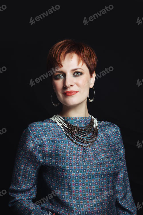 Preview: Vintage Style Portrait Of Young Beautiful Red-Haired Woman With Fancy Makeup