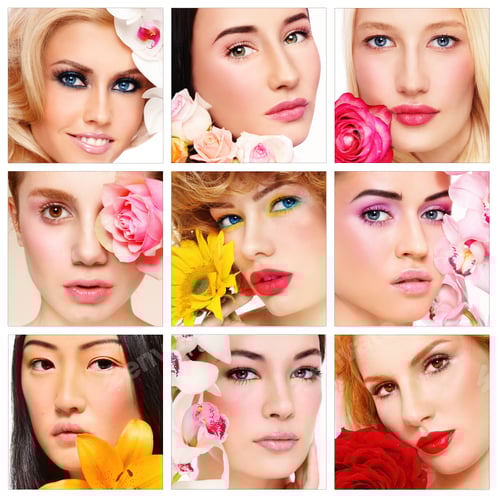 Preview: Collage With Nine Portraits Of Beautiful Healthy Happy Women With Flowers. Beauty, Make-Up, Organic