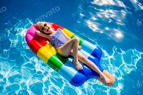 Preview: Happy Little Girl In The Pool Swimming On A Mattress In Sunglasses, Top View