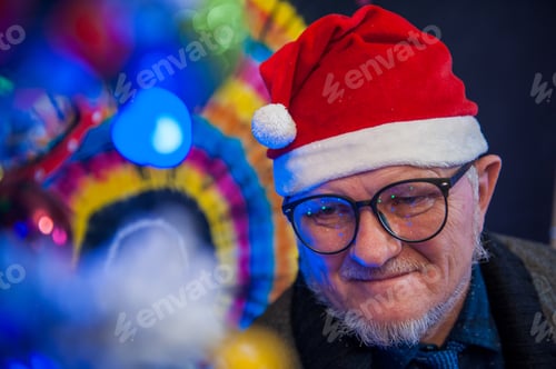 Preview: Elderly Man In Glasses With Gray Hair And Beard Next To Luminous And Blinking Christmas Lights