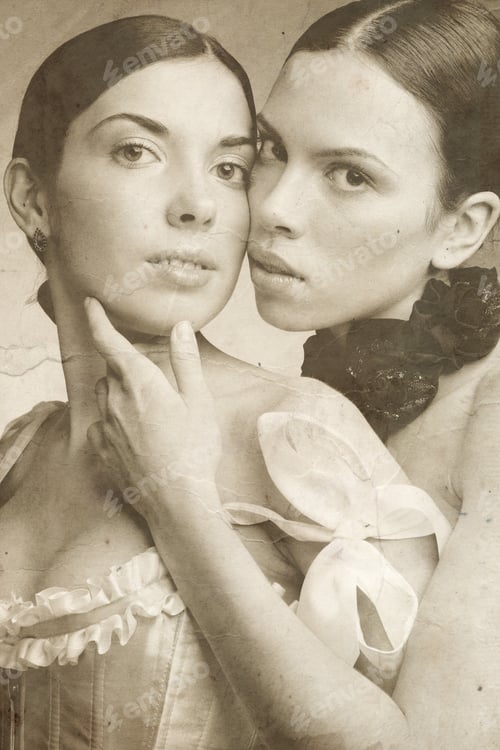 Preview: Duotone Portrait Of Two Beautiful Slim Sexy Young Girls In Corsets On Vintage Damaged Grainy