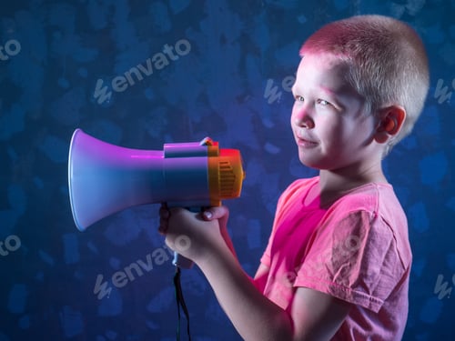 Preview: Child Screaming Into Loudspeaker. Kid Shouting Through Megaphone. Communication Concept. Black