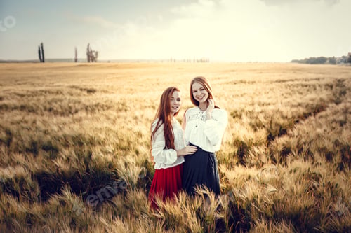 Preview: Two Young Women Are Looking Forward Tothe Sunset. Best Friends. Two Young Red-Haired Women In A