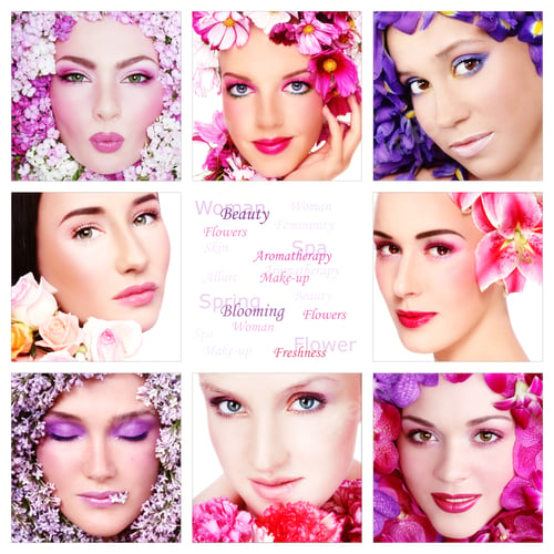 Preview: Collage With Eight Beautiful Women With Colorful Flowers, Copy Space In Center. Beauty