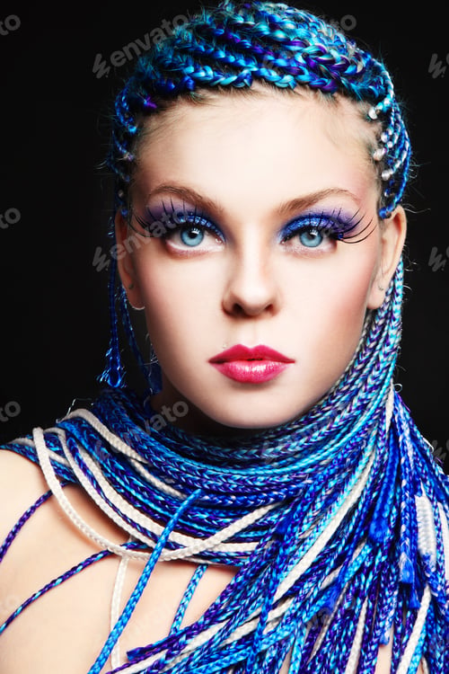 Preview: Girl With Fancy Blue Braids Hairdo And Huge False Eyelashes