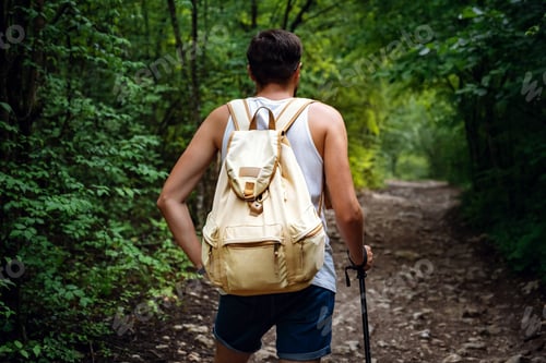 Preview: Portrait Of A Man Hiker Walking On The Trail In The Woods. Strong Sporty Traveling Male With