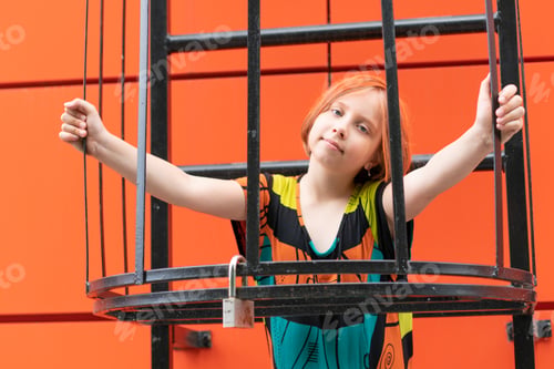 Preview: A Little Girl On The Stairs Outside, Standing In A Colored Dress Near The Orange Wall