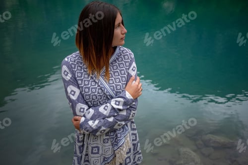 Preview: Adventure Asian Woman Feeling Freezing Among Mountains, Enjoy The Nature View. Forest And Lake