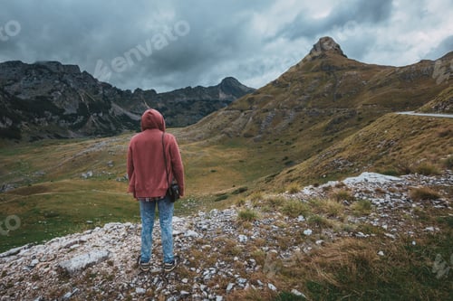 Preview: Man Traveler Hiking Travel Lifestyle Concept Beautiful Mountains Landscape On Background Summer