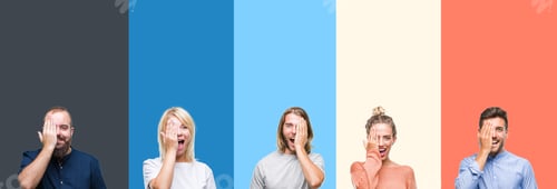 Preview: Collage Of Casual Young People Over Colorful Stripes Isolated Background Covering One Eye With Hand