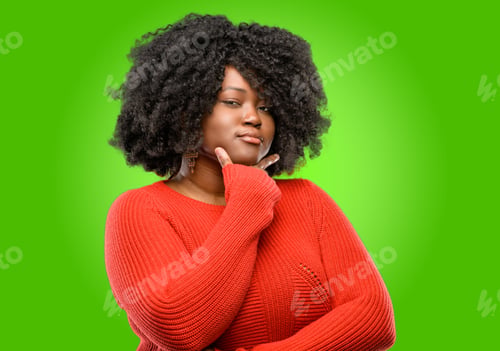 Preview: Beautiful African Woman Thinking Thoughtful With Smart Face