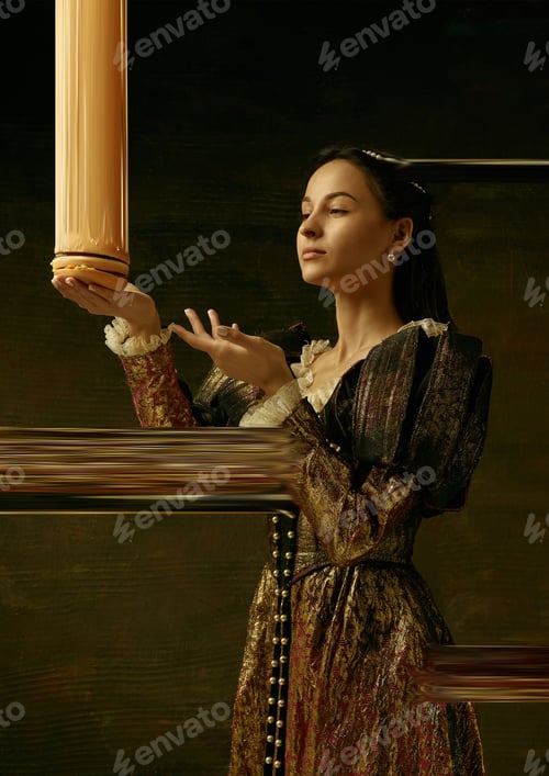 Preview: Medieval Young Woman In Brown Vintage Clothing As A Duchess On Dark Studio Background. Trying