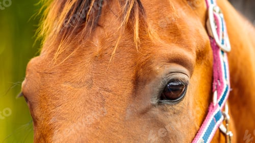 Preview: Detailed Closeup Of Brown Wild Horse Face On Meadow Idyllic Field. Agricultural Mammals Animals In