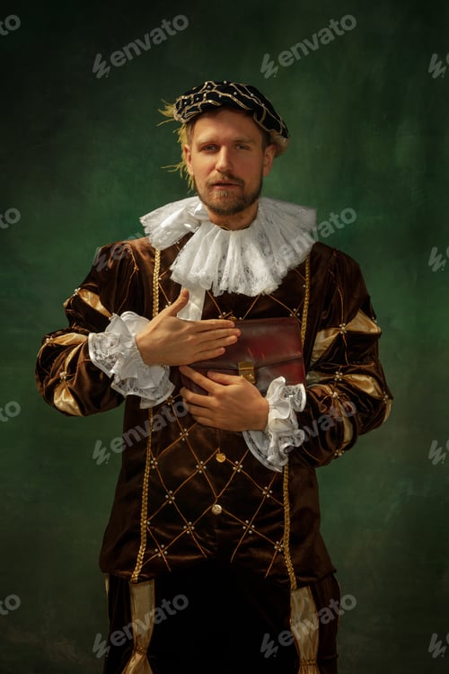 Preview: Skin'S Smell. Business. Portrait Of Medieval Young Man In Vintage Clothing Standing On Dark