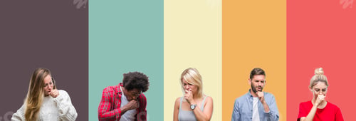 Preview: Collage Of Group Of Young People Over Colorful Vintage Isolated Background Feeling Unwell And