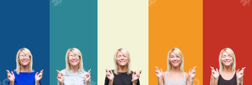 Preview: Collage Of Beautiful Blonde Woman Over Colorful Vintage Isolated Background Smiling Crossing