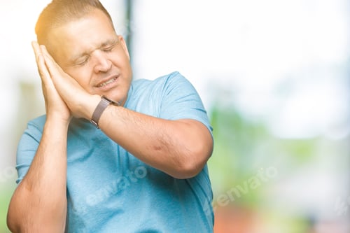 Preview: Middle Age Arab Man Wearing Blue T-Shirt Over Isolated Background Sleeping Tired Dreaming And