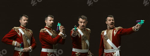 Preview: Gangster With Toy Gun. Medieval Man As A Royalty Person In Vintage Clothing On Dark Background