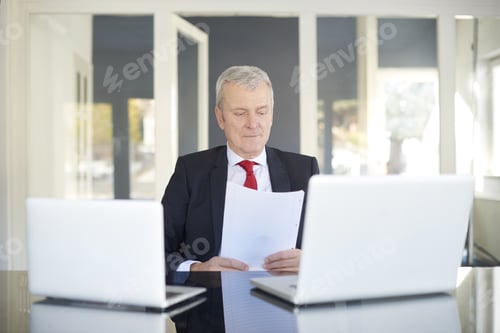 Preview: Shot Of A Senior Financial Director Sitting At Desk And Working On Laptops In The Office.