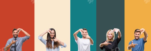 Preview: Collage Of Different Ethnics Young People Over Colorful Stripes Isolated Background Smiling Making