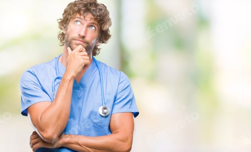 Preview: Handsome Hispanic Surgeon Doctor Man Over Isolated Background With Hand On Chin Thinking About