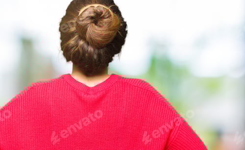 Preview: Woman's Back Wearing a Red Knit Sweater