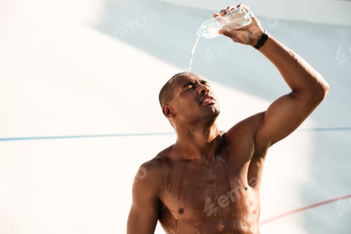 Preview: Close-Up Photo Of Young African Sports Man Pouring Out Water On His Head, Resting After Workout