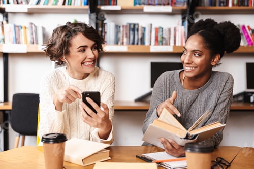 Preview: Two Cheerful Young Girls Students Studying At Library, Holding Mobile Phone,
