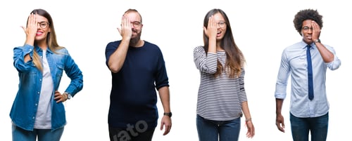 Preview: Collage Of Group Of Young Business People Over Isolated Background Covering One Eye With Hand With