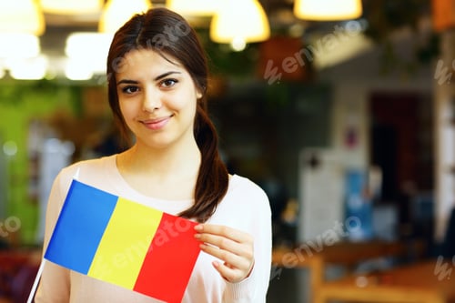 Preview: Happy Female Student Holding Flag Of Romania