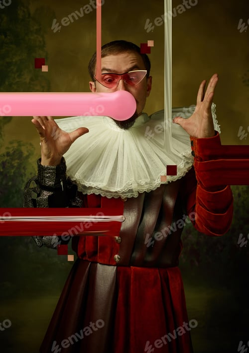 Preview: Bubble Gum. Young Man As A Medieval Knight On Dark Studio Background. Portrait Of Man In Retro