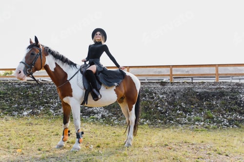Preview: Happy Fashionable Young Woman Posing With A Horse On The Beach