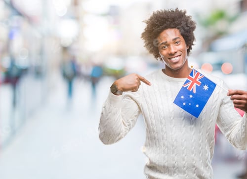 Preview: Afro American Man Flag Of Australia Over Isolated Background With Surprise Face Pointing Finger To