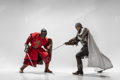 Preview: Brave Armored Knights With Professional Weapon Fighting Isolated On White Studio Background