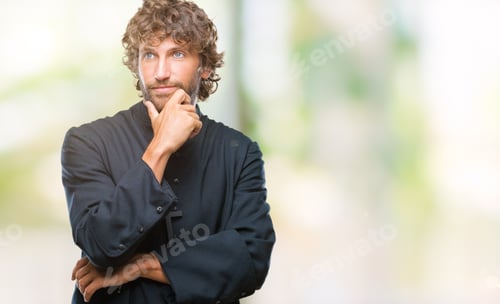 Preview: Handsome Hispanic Catholic Priest Man Over Isolated Background Looking Confident At The Camera With