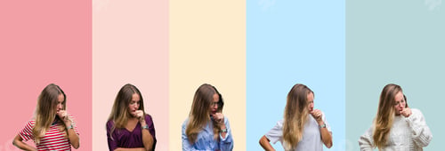 Preview: Collage Of Beautiful Young Woman Over Colorful Stripes Isolated Background Feeling Unwell And