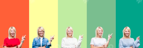 Preview: Collage Of Beautiful Blonde Woman Over Vivid Vintage Isolated Background With A Big Smile On Face