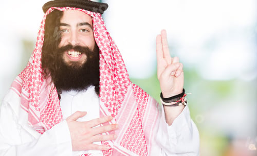 Preview: Arabian Business Man With Long Hair Wearing Traditional Keffiyeh Scarf Swearing With Hand On Chest