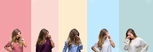 Preview: Collage Of Beautiful Young Woman Over Colorful Stripes Isolated Background Tired Rubbing Nose And