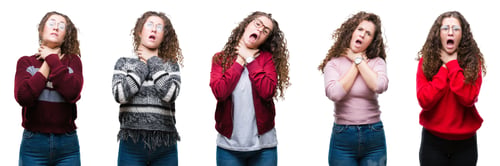 Preview: Collage Of Young Brunette Curly Hair Girl Over Isolated Background Shouting And Suffocate Because