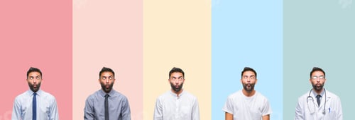 Preview: Collage Of Handsome Man Over Colorful Stripes Isolated Background Making Fish Face With Lips, Crazy