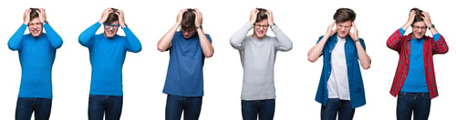 Preview: Collage Of Young Man Over White Isolated Background Suffering From Headache Desperate And Stressed