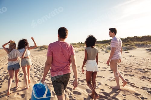 Preview: Back View Of Group Of Cheerful Young Friends In Summer Clothes Going For A Picnic At The Beach