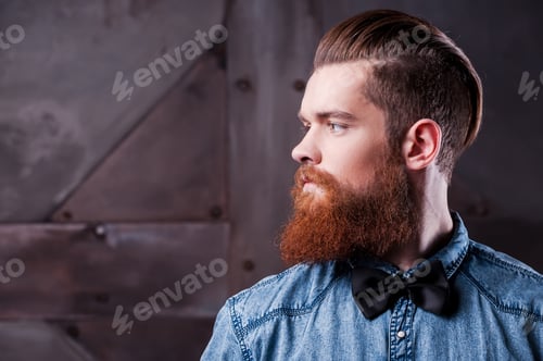 Preview: Perfect Hairstyle. Profile Portrait Of Handsome Young Bearded Man Looking Away
