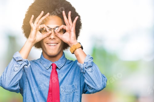 Preview: Young African American Business Man With Afro Hair Wearing Glasses And Red Tie Doing Ok Gesture