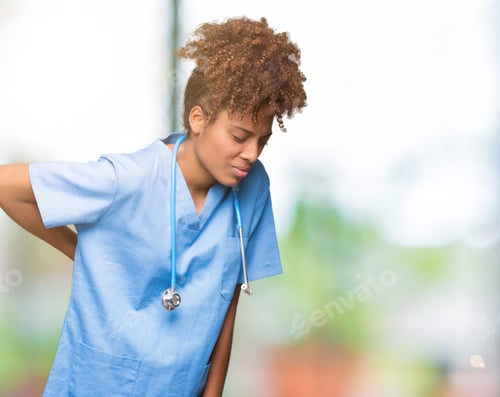 Preview: Young African American Doctor Woman Over Isolated Background Suffering Of Backache, Touching Back