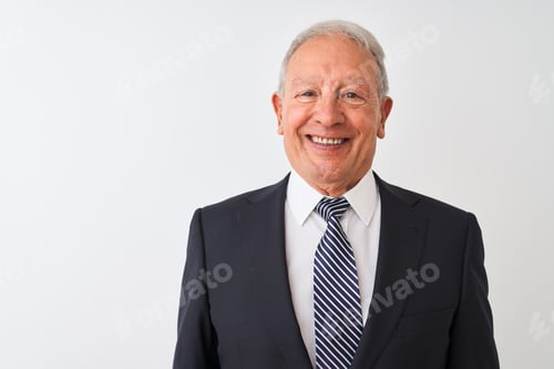 Preview: Senior Grey-Haired Businessman Wearing Suit Standing Over Isolated White Background With A Happy