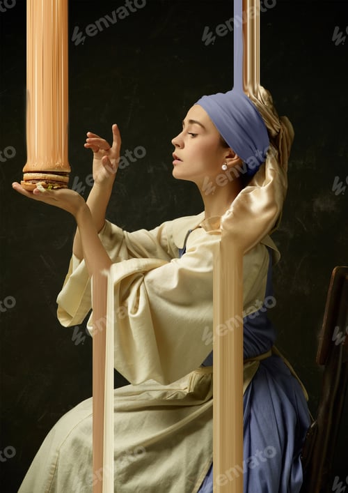Preview: Medieval Young Woman As A Medieval Lady With A Pearl Earring On Dark Studio Background. Trying