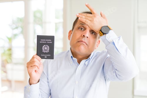 Preview: Middle Age Man Holding Holding Passport Of Italy Stressed With Hand On Head, Shocked With Shame And